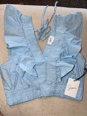 Japna Pale Blue Ruffled V-Neck Bandeau Crop Top